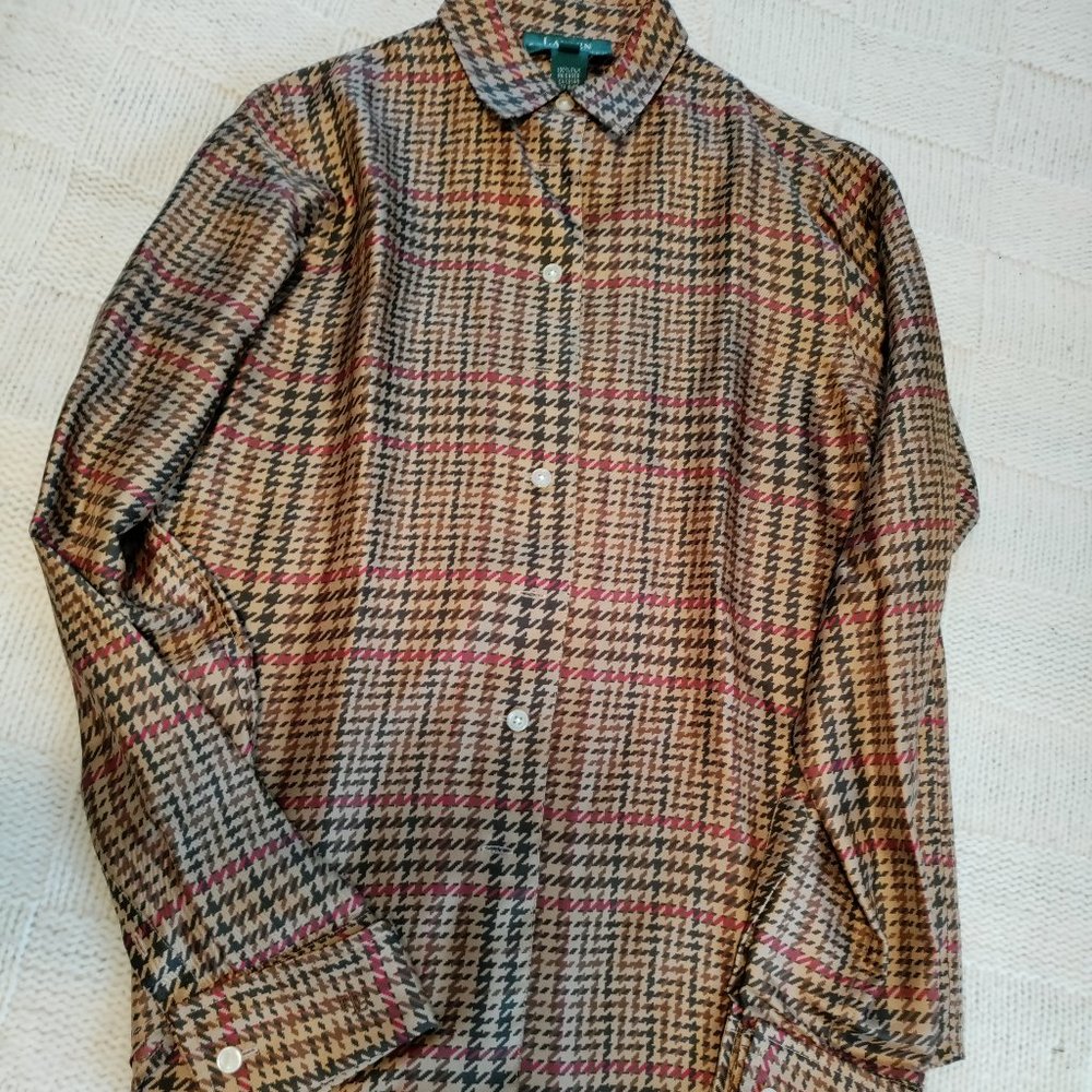 Ralph Lauren brown silk , tailored woman's blouse in dog-tooth print